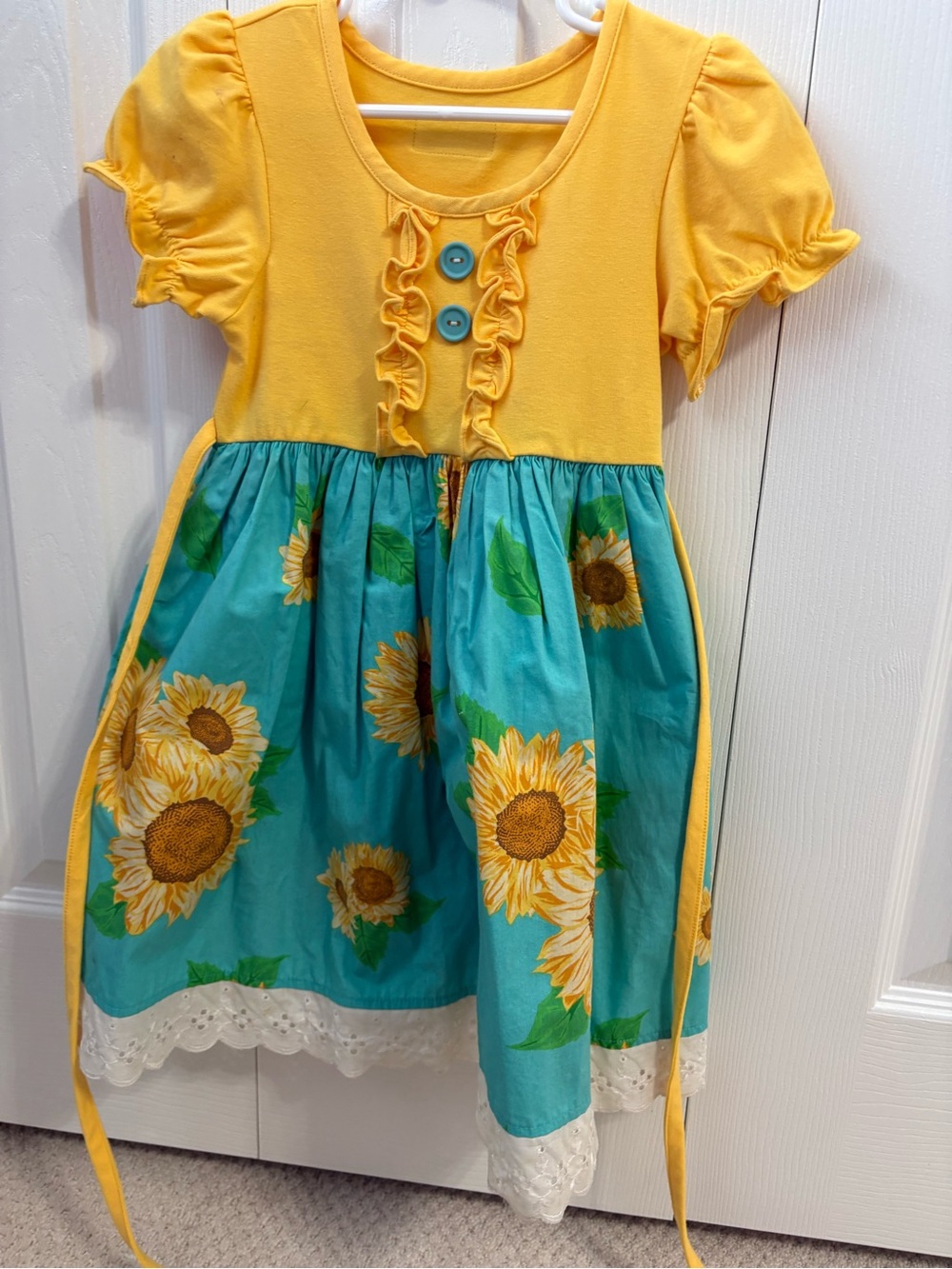 Eleanor Rose Yellow Bodice Teal Sunflower Dress